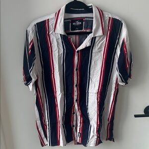 Hollister Men's Casual Striped Shirt - Navy, Red, and White